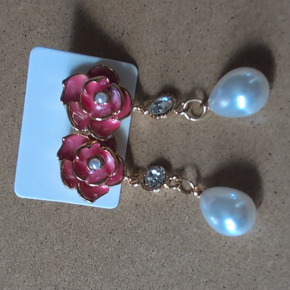 Elegant Pink Floral Pearl Drop Earrings